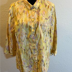 Coldwater Creek Yellow & Lavender Aztec Button-Front Shirt linen